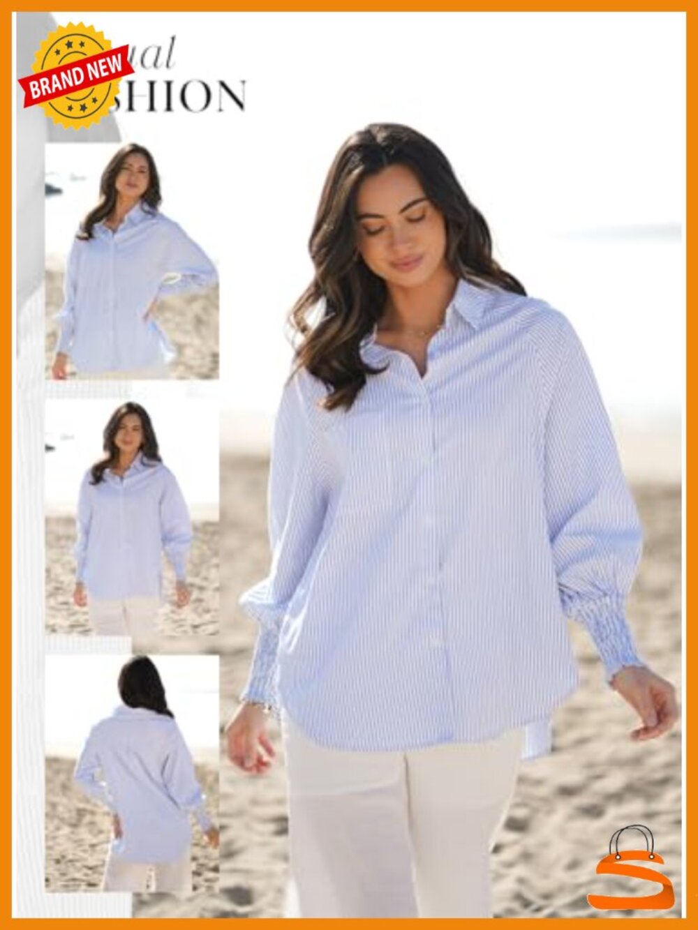 V Neck Striped Button Down Long Sleeve Tunic Top Blouse - Picture 3 of 6